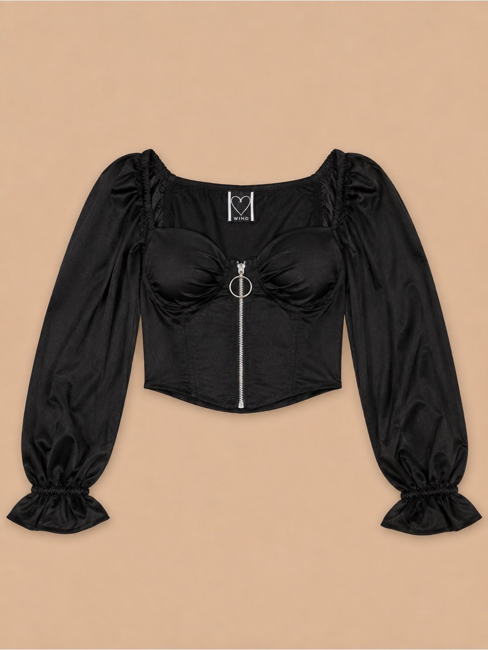 Windsor Black Puff-Sleeve Corset Zip Front Top